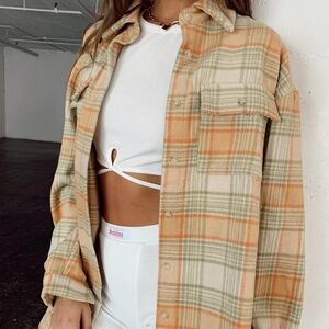 Princess Polly Mila Button Up Long Sleeve Shacket Shirt in Orange Multi Color